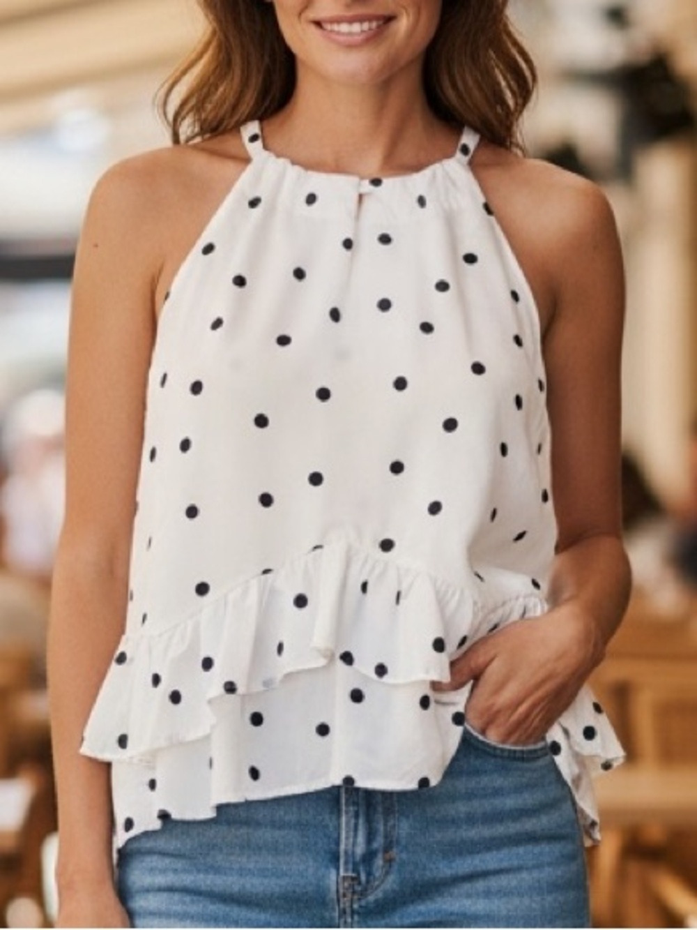 Polka Dot Halter Ruffle Top in White
